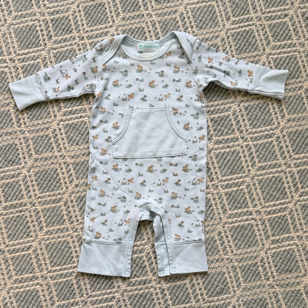 Feather Baby Kangaroo Romper w/ Duck & Lily pad pattern